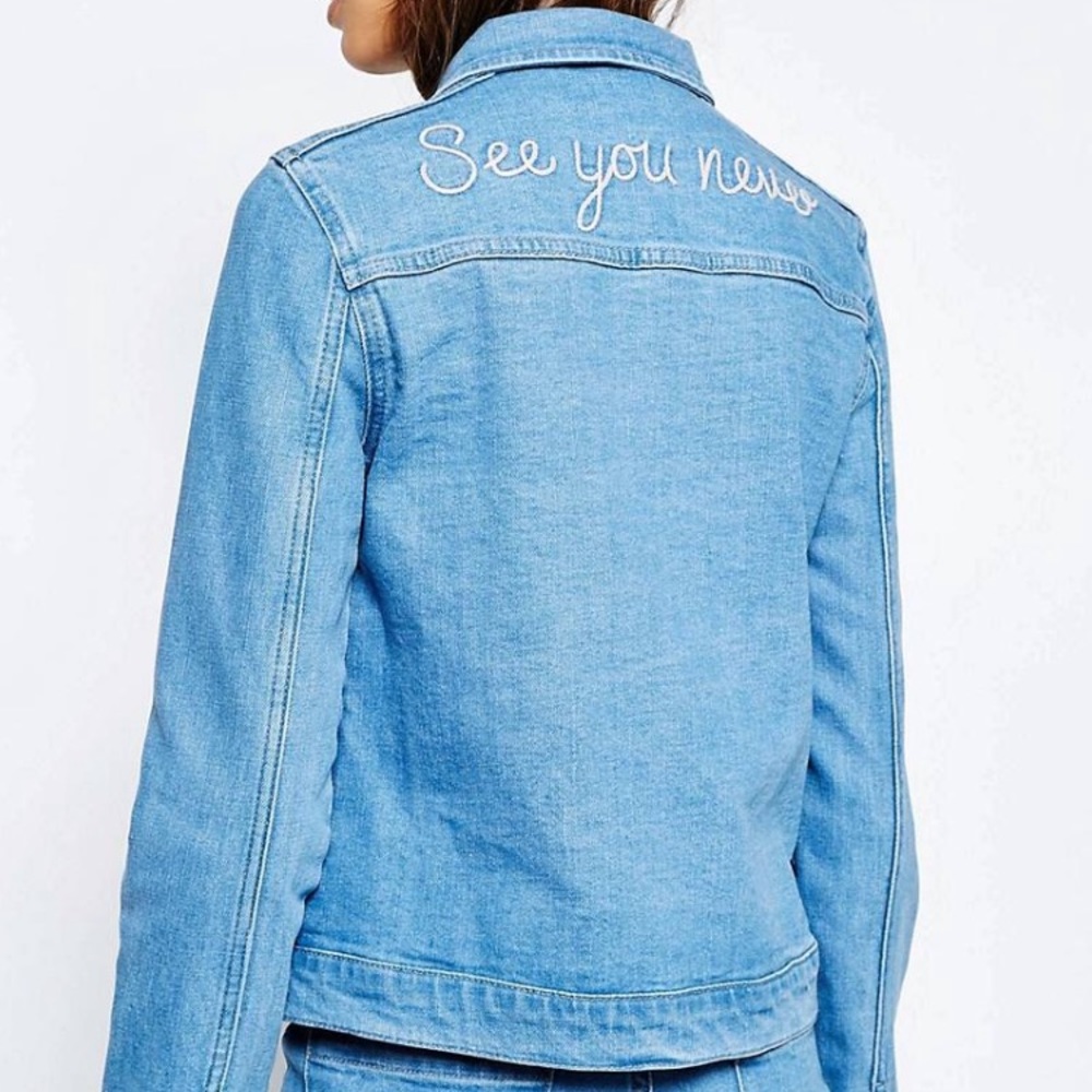 NWT See You Never Embroidered Denim Trucker Jacket Womens Size Small